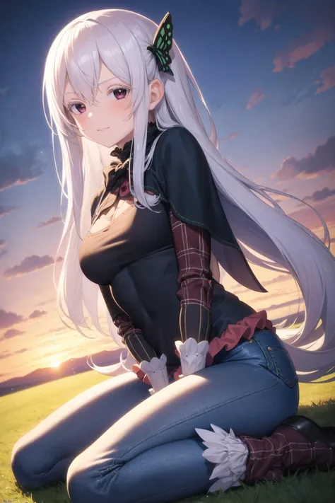 masterpiece, best quality, 1girl, echidna, (white flared jeans, plaid, embroidered, frilled, smocked, arm warmers, hair bow:1.2) <lora:Echidna Adan_105154:1>