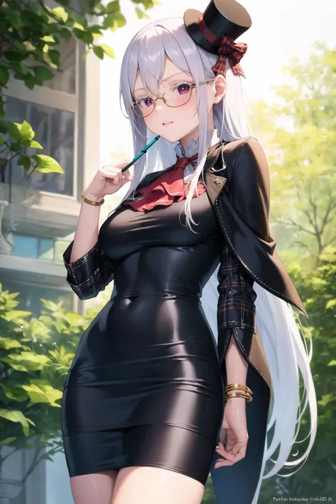 masterpiece, best quality, 1girl, echidna, blue pencil skirt, white Top Hat, plaid, draped, leather, body chain, eyewear switch, ascot <lora:Echidna Adan_105154:0.9>