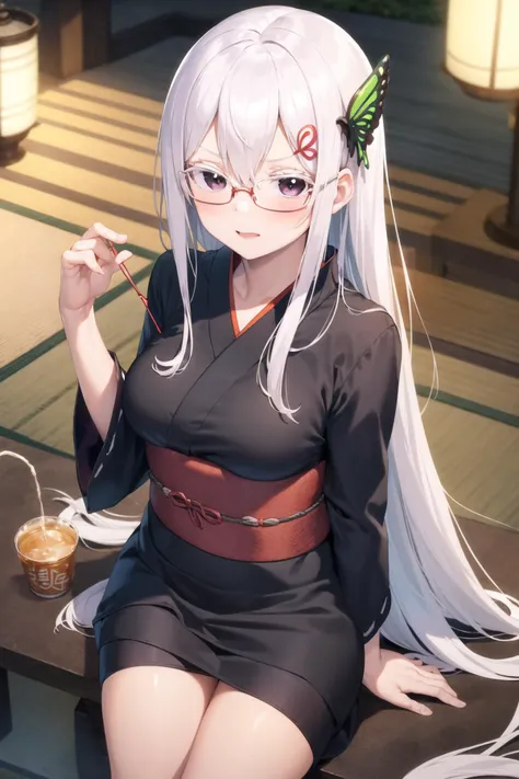 masterpiece, best quality, 1girl, echidna, (black eyeglasses, brown yukata, neck ribbon, taut shirt:1.2) <lora:Echidna Adan_105154:1>