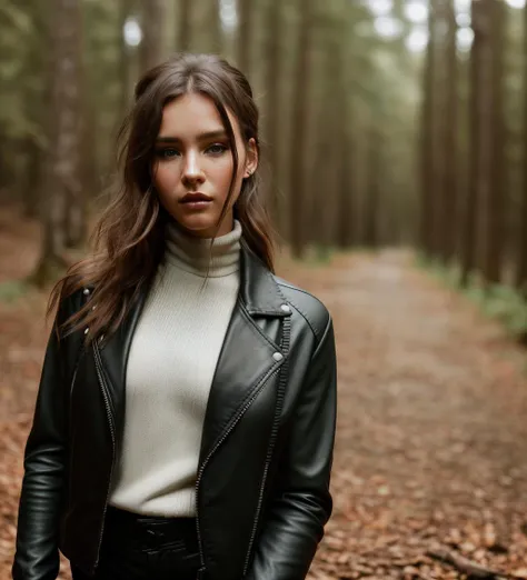 a photo of a seductive woman with loose styled hair, posing in a forest, bored, wearing a leather jacket, turtleneck shirt, black leggings, whimsical pose, mascara, (textured skin, skin pores:1.1), (imperfect skin:1.1) intricate details, goosebumps, flawless face, ((photorealistic):1.1), (raw, 8k:1.2), dark, muted colors, slate atmosphere,rcook, <lyco:Rcook:0.75>