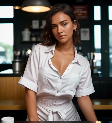 (dark shot:1.4), 80mm, a beautiful woman, working as a (waitress) at a diner, wearing white shirt, blue apron, jeans, (natural skin texture, hyperrealism, soft light, sharp), (intricate details:0.9), (hdr, hyperdetailed:1.2), soft light, sharp, exposure blend, medium shot, bokeh, (hdr), high contrast, (muted colors, dim colors, soothing tones), low saturation, (hyperdetailed), (noir:0.4) rcook, <lyco:Rcook:0.75>