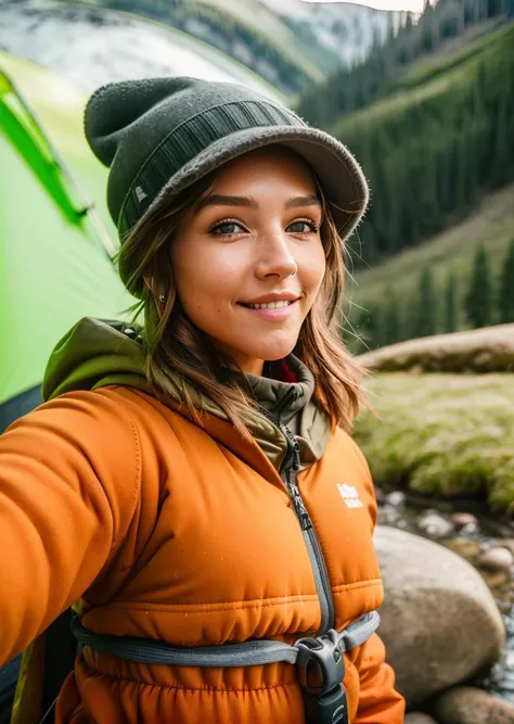 adult woman, masterpiece, best quality, ultra-detailed, solo, outdoors, (morning), mountains, nature, (sunrise) cheerful, happy, backpack, sleeping bag, tent, camping stove, water bottle, mountain boots, gloves, sweater, hat, forest, rocks, river, wood, smoke, shadows, contrast, clear sky, analog style (look at viewer:1.2) (skin texture), ((upper body, selfie, happy)), Rcook, <lyco:Rcook:1.0>