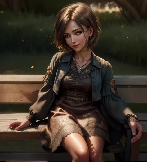 masterpiece, best quality, 8k illustration, a beautiful mature woman, dressed in grunge style, insanely detailed skin, sitting on a bench ,backlit, happy expression, intricately detailed background, volumetric lighting, beautiful detailed eyes, demure, shag cut hairstyle,rcook, <lyco:Rcook:0.75>