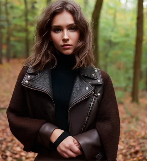 a photo of a seductive woman with loose styled hair, posing in a forrest, bored, wearing a leather jacket, turtleneck shirt, black leggings, model pose, mascara, (textured skin, skin pores:1.1), (imperfect skin:1.1) intricate details, goosebumps, flawless face, ((photorealistic):1.1), (raw, 8k:1.2), dark, muted colors, slate atmosphere,rcook, <lyco:Rcook:1.0>