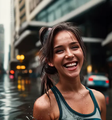 woman, street, laughing, ponytails, (hdr:1.3), (muted colors:1.2), dramatic, complex background, cinematic, filmic, (rutkowski, artstation:0.8), soaking wet,rcook, <lyco:Rcook:0.7>