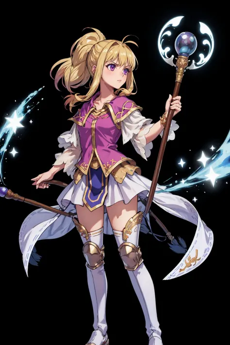 masterpiece, best quality, ClarineFE, purple blouse, thighhighs, standing, whole body, black background, simple background, FEH, serious, holding magical staff, casting magic, white lights, white aura <lora:ClarineFE-10:0.8> <lora:FEH_Concept_v2:1>