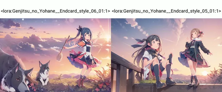 cute girl soars sitting on a broom, evening sunset, high above the horizon, above the ground, a colorized style by yohhh, <lora:Genjitsu_no_Yohane__Endcard_style_06_01:1>