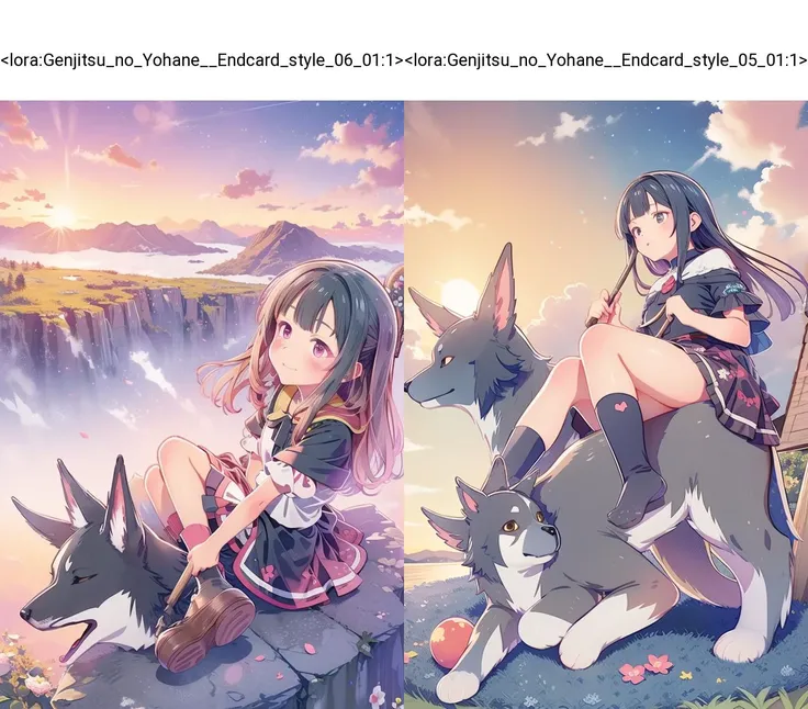 cute girl soars sitting on a broom, evening sunset, high above the horizon, above the ground, a colorized style by yohhh, <lora:Genjitsu_no_Yohane__Endcard_style_06_01:1>