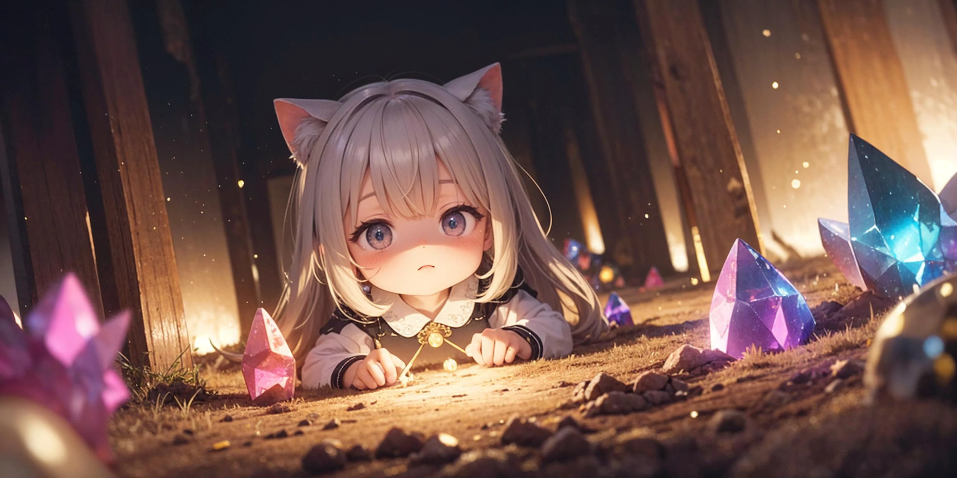 girls, neko girls, (mine crystals), crystals, magical forest, (masterpiece, best quality:1.2), highres, best illustration, 8k wallpaper, (Traditional Media), (dynamic angle:1.1), outline, ((thick lineart)), (details:1.2), glow:0.2, shadow, particles, (depth of field), sharp focus, (volumetric lighting), (bokeh:0.6), film grain:0.4, day, (soft lighting:1.1)