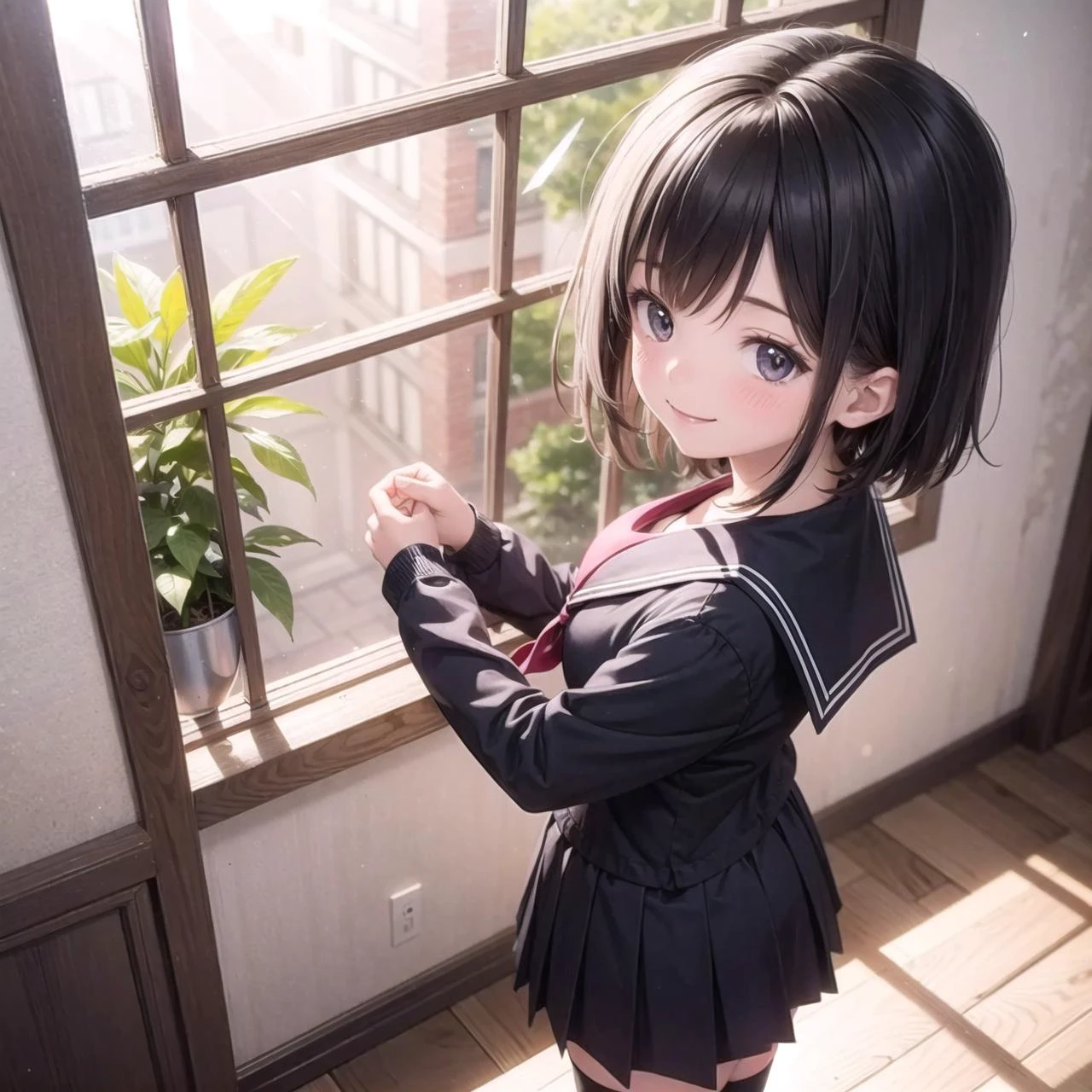 (masterpiece), indoors, sunlight, light rays, light particles, 1girl, standing, medium breasts, blush, smile, black hair, medium hair, serafuku, black thighhighs, from above