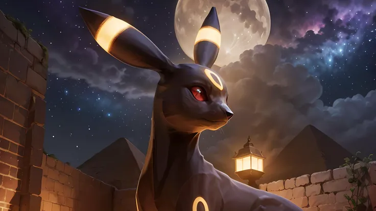 surrealist art anime artwork professional 3d model 1 umbreon <lora:Umbreon_Pokemon_Anime:1>(8k wallpaper, breath taking photo) Best drawling ever seen, ((pyramids background)), clear crystal night crescent moon, depth of field, stary night, shooting stars, desert , octane render, highly detailed, volumetric, dramatic lighting, anime style, key visual, vibrant, studio anime, highly detailed, dreamlike, mysterious, provocative, symbolic, intricate, detailed