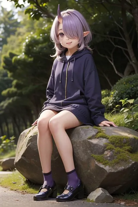 (masterpiece, best quality:1.2), highres, best illustration, 8k wallpaper, innkki, 1girls, oni, oni horns, single horn, pointy ears, purple hair, long hair, hair over one eye, purple eyes, one eye covered, looking at viewer, full body, sits on stone, in magic forest <lora:Himesama_Goumon_Inki_00_01:0.8>