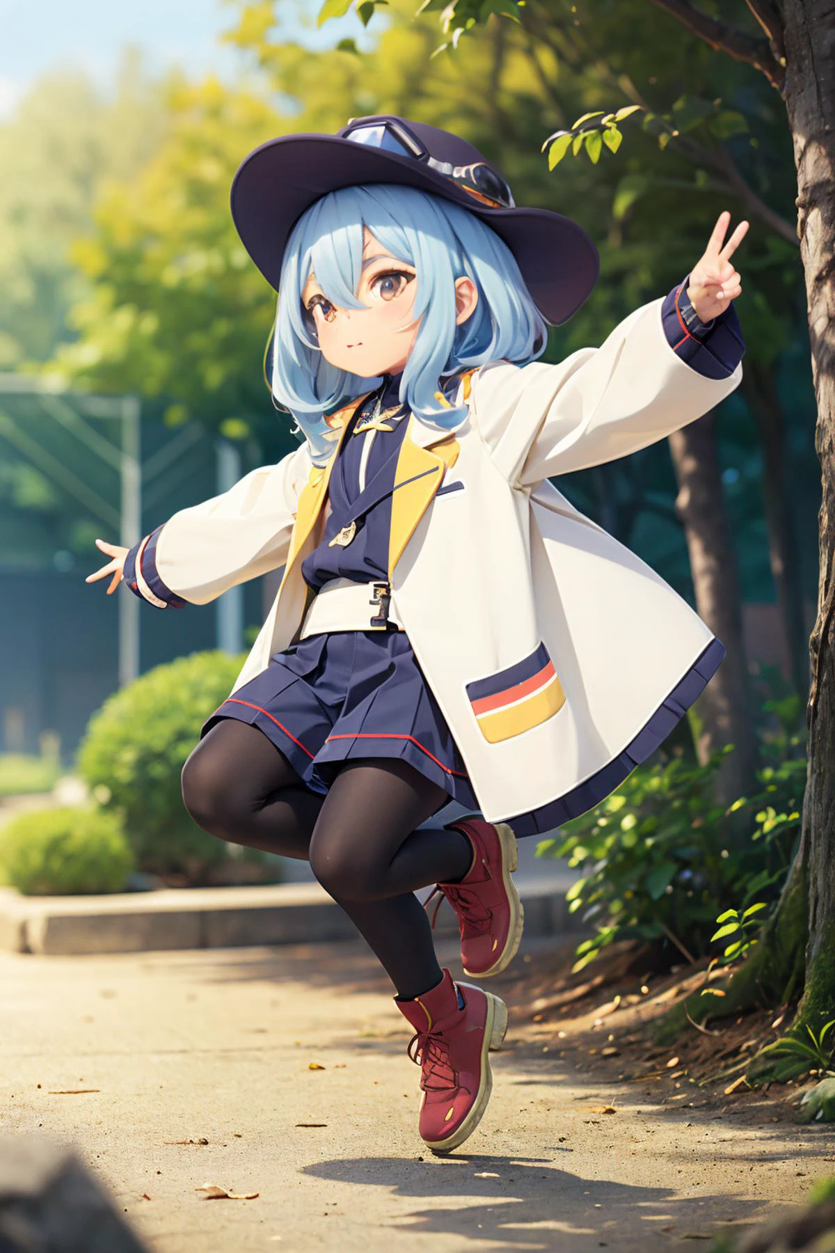 (2d:1.2), wide shot, (dynamic angle:1.1), outline, ((thick lineart)), cover, stylish, official art, (details:1.2), glow:0.2, shadow, nature, garden, (depth of field), sharp focus, (volumetric lighting), (bokeh:0.6), film grain:0.4, day, (soft lighting:1.1), eeugg, full body, blue hair, long hair, goggles, goggles on headwear, hair between eyes, candy, yellow eyes, bangs, jacket, labcoat, white jacket, looking at viewer, jumping on stones, sunny day, fantasy style <lora:Tatoeba_Last_ Dungeon_Eug_00_01:0.7>