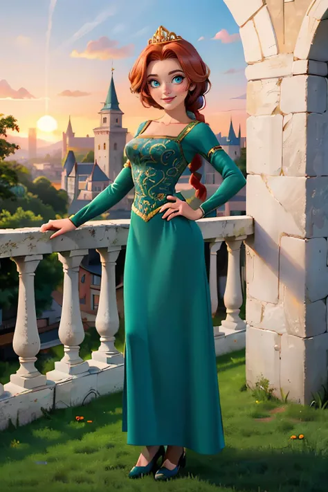 FionaWaifu,blue eyes, red hair, single braid, tiara, makeup, freckles, green dress, long dress, looking at viewer, smiling, sitting, on rock, outside, forest, natural lighting, high quality, masterpiece,  <lora:FionaPrincess_Character:.7>