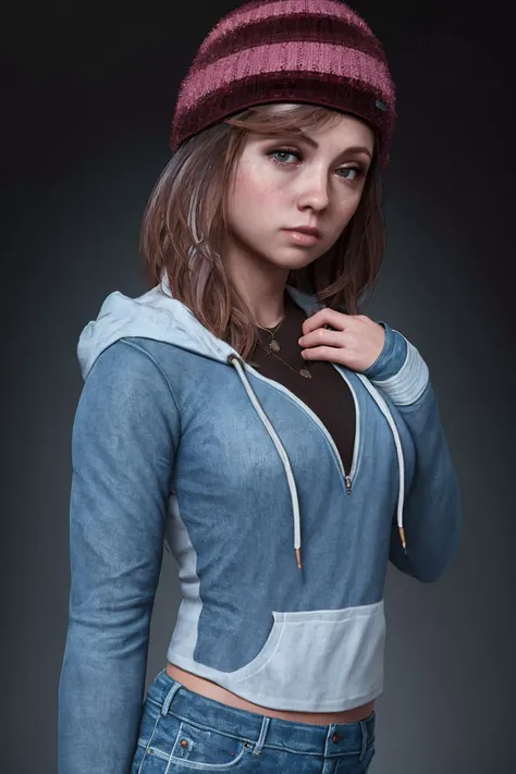 masterpiece, highres, raw, photography, photoshoot, instragram, <lora:ashleyUD:1>, ashleyud, hoodie, woman, upper body, denim, dark background, black background, open clothes,