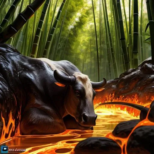 feral,8k uhd,high quality,cinematic,filmic image 4k,8k,ultra-realistic,high-resolution,captured in [natural light],soft shadows,raw,vibrant colors,in the bamboo forest,nsfw,female,cow,(body is made of molten rock, )