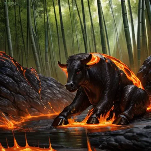 feral,8k uhd,high quality,cinematic,filmic image 4k,8k,ultra-realistic,high-resolution,captured in [natural light],soft shadows,raw,vibrant colors,in the bamboo forest,,female,cow,(body is made of molten rock, )