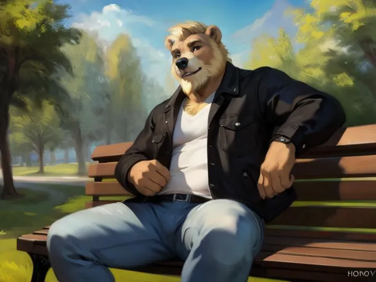 an anthro bear, male, sitting on a bench, black denim jacket, (blonde beard:1.2), park background, by honovy, by chunie, hdr, hyperdetailed