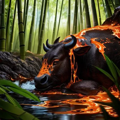 feral,8k uhd,high quality,cinematic,filmic image 4k,8k,ultra-realistic,high-resolution,captured in [natural light],soft shadows,raw,vibrant colors,in the bamboo forest,,female,cow,(body is made of molten rock, )