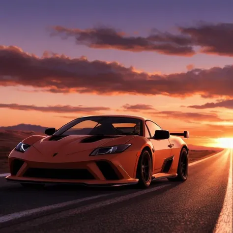 photo of a supercar,8k uhd,high quality,road,sunset,motion blur,depth blur,cinematic,filmic image 4k,8k with [George Miller's Mad Max style]. The image should be [ultra-realistic],with [high-resolution] captured in [natural light]. The lighting should create [soft shadows] and showcase the [raw] and [vibrant colors],