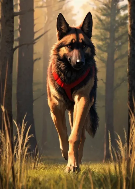 feral,canid,german shepherd,(wearing red colar),running across meadows,8k uhd,high quality,cinematic,filmic image 4k,8k,ultra-realistic,high-resolution,captured in [natural light],soft shadows,raw,vibrant colors,