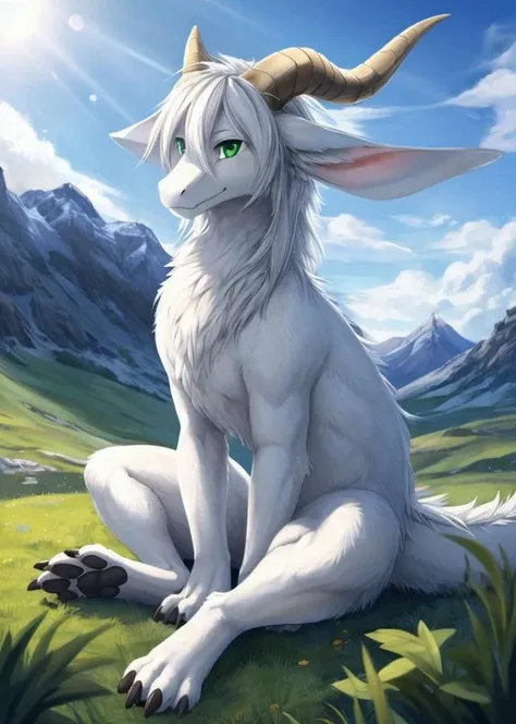 lyc,vadise,dragon,furred dragon,wingless dragon,3 fingers,3 toes,ambiguous gender,barefoot,black claws,claws,cloud,day,detailed background,digitigrade,feet,feral,fingers,fluffy,fur,grass,green eyes,hair,hindpaw,horn,inner ear fluff,kemono,light,long ears,long hair,long horn,long mouth,majestic,mountain,nude,outside,paws,plant,quadruped,ring,shadow,sitting,sky,snout,solo,sunlight,tail,toe claws,toes,tuft,white body,white fur,white hair,