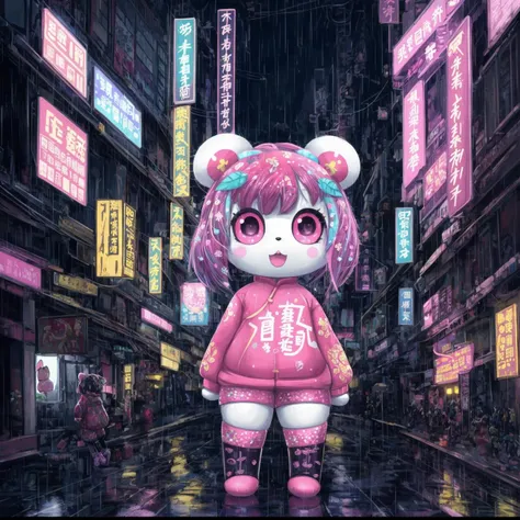 neo hong kong, rainy atmosphere, night time, bright lights, colorful signs, busy streets, high res, kowloon | old ancient chinese website full of spam. internet explorer window is glitching out. mum wtf | cybergoth decora glitchcore yokai girl, sanrio ornaments, pastel cute cinematography trending on artstation