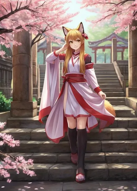 masterpiece,best quality,1girl,human,yellow eyes,medium hair,stairs,cherry blossoms,temple,fox girl,detached sleeves,animal ears,happy,arms behind back,