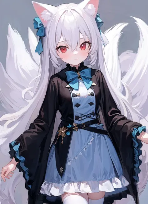 1girl, blue bow, animal ears, red eyes, long hair, very long hair, long sleeves, solo, bow, hair between eyes, tail, fox tail, bangs, dress, white legwear, white hair