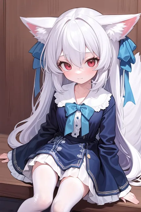 1girl, blue bow, animal ears, red eyes, long hair, very long hair, long sleeves, solo, bow, hair between eyes, tail, fox tail, bangs, dress, white legwear, white hair