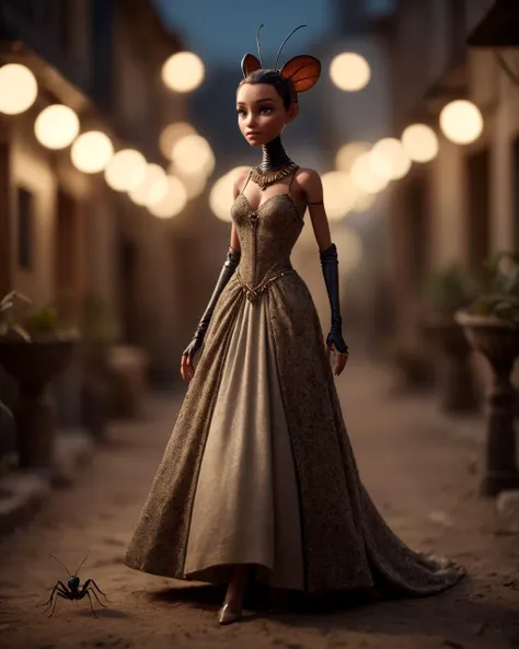 breathtaking cinematic film still an anthro humanoid ant woman, (full body:1), wearing a beautiful dress, distant shot, shallow depth of field, vignette, highly detailed, high budget Hollywood film, bokeh, cinemascope, moody, epic, gorgeous, film grain, masterpiece, award-winning, professional, highly detailed