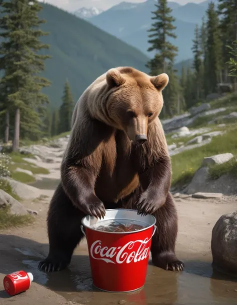 a bear drinking from a coca-cola bucket