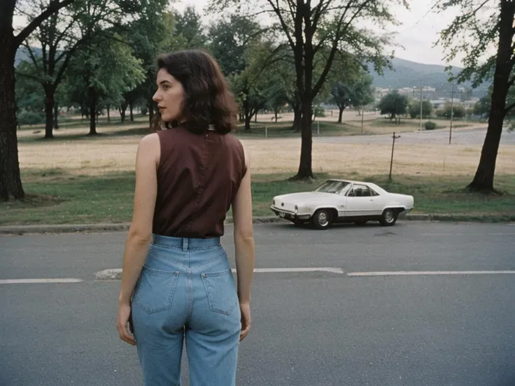 vintage 1970's photograph, Epic35mm,photograph of 22 year  woman wearing wearing sleeveless shirt in _70s_locations_combined,<lora:weight_slider_v2 :-1.5> ,<lora:breastsizeslideroffset:0.3>,view from behind