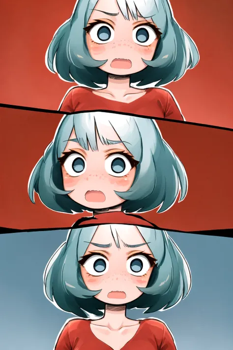 masterpiece, best quality, 1girl, gris, solo, closeup, blue eyes, freckles, blue hair, short hair, bangs, open mouth, blush, closed mouth, collarbone, looking at viewer, red shirt, thick lineart, simple background <lora:Gris:1>