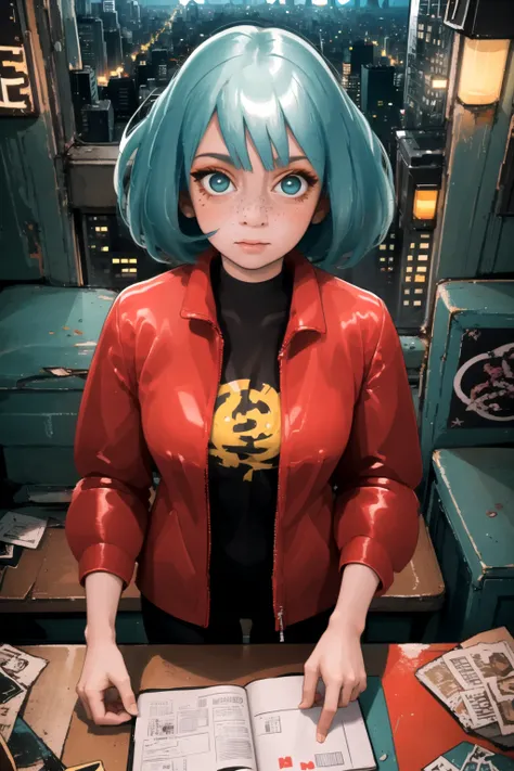 realistic, best quality, 8k uhd, dslr, soft lighting, high quality, film grain, Fujifilm XT3, (close up, from directly above), gris, 1girl, freckles, dark red jacket, blue hair, (night time, dark city), neon signs, individuality, authenticity, creative expression, camera, computer, books, messy room, rooftop apartment <lora:Gris:1>
