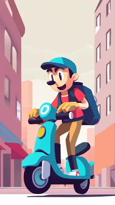 food delivery guy reaching sonic speeds in his scooter, the image express movement and follow the animation principle of exageration, vector style, he is going through a big city and crouching to avoid the wind, the image comunicates speed in every aspect of it, flat <lora:SDXL-Emoji-Lora:0.5>