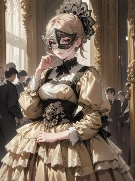((watercolor \(medium\))), ballroom, crowd, 8k, highly detailed, solo, mature woman, aristocrat, <lora:masquerade_attire-1.0:1> masquerade mask, army brown dress, lace, brocade, frills, layered,