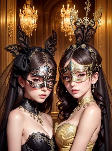 8k, highly detailed, solo, mature woman, <lora:masquerade_attire-1.0:1> masquerade mask, dress, ((2girls)), looking at viewer, sexually suggestive