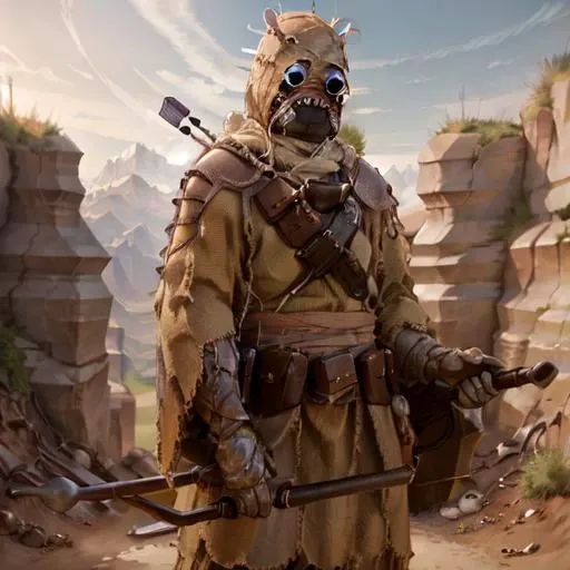 8k resolution, best quality, masterpiece:1.2, realistic, photo-realistic:1.37, ultra-detailed, best quality, ultra high res, professional lighting, photon mapping, radiosity, physically-based rendering, cinematic lighting, unreal engine, depth of field, sharp focus, raw photo, good composition, bokeh:1.2, 35mm lens:1.25, (Tusken Raider)+, gaffi stick held above head, Desert Planet, canyons, creatures around <lora:TuskenRaider:.7><lora:adventurers_v1:1.0>