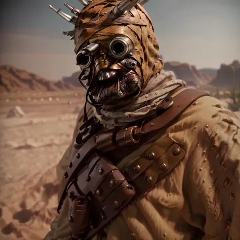 8k resolution, best quality, masterpiece:1.2, realistic, photo-realistic:1.37, ultra-detailed, best quality, ultra high res, professional lighting, photon mapping, radiosity, physically-based rendering, cinematic lighting, unreal engine, depth of field, sharp focus, raw photo, good composition, bokeh:1.2, 35mm lens:1.25, Tusken Raider, Desert planet, sandy winds, walking towards viewer, close up <lora:TuskenRaider:.8><lora:adventurers_v1:1.0>
