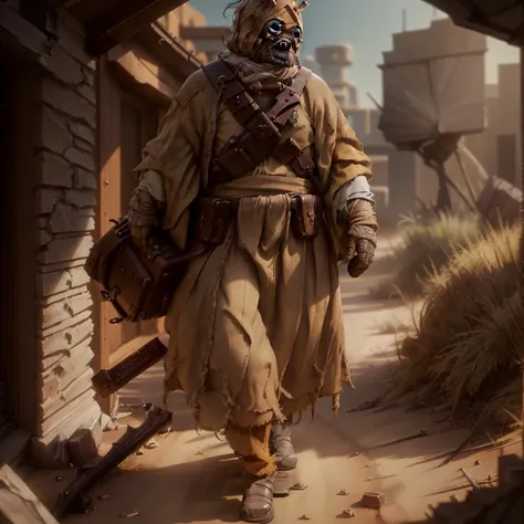 8k resolution, best quality, masterpiece:1.2, realistic, photo-realistic:1.37, ultra-detailed, best quality, ultra high res, professional lighting, photon mapping, radiosity, physically-based rendering, cinematic lighting, unreal engine, depth of field, sharp focus, raw photo, good composition, bokeh:1.2, 35mm lens:1.25, Tusken Raider, Desert planet, sandy winds, walking towards viewer, <lora:TuskenRaider:.7><lora:adventurers_v1:1.0>