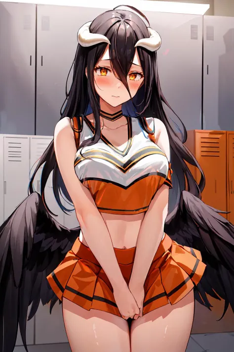 masterpiece, best quality, highres, al1, demon horns, slit pupils, black wings, feathered wings, low wings, medium breasts, <lora:albedo_(overlord)_v10:1>, UACheerleader, U.A. CheerUniform, orange crop top, orange skirt, <lora:UACheerleader:1.0>, pov, (sex, clothed sex, vaginal), waist grab, (hands pov:1.1), (cowgirl, cowgirlgrab), <lora:waistGrab:0.3>, looking at viewer, blush, dressing room, locker room, <lora:add_detail:0.3>