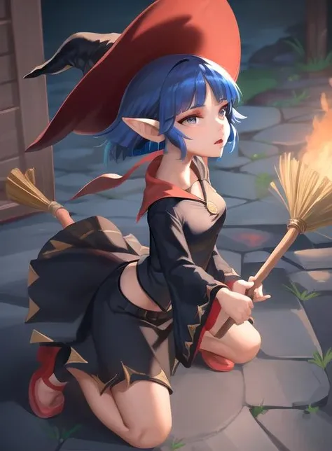 best quality, (masterpiece:1.5),(ultra-detailed), (high quality:1.3), (high resolution), <lora:irene:0.7>, pointy ears,witch hat,irene, short hair, blue hair, broom,