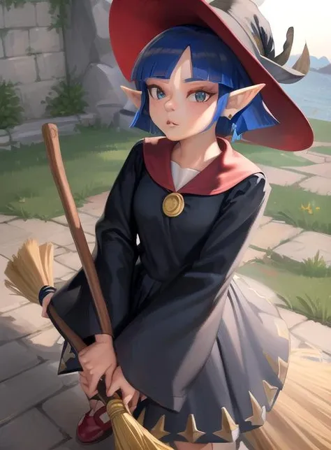 best quality, (masterpiece:1.5),(ultra-detailed), (high quality:1.3), (high resolution),  <lora:irene:0.7>, pointy ears, hat,irene, short hair, blue hair, broom,