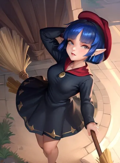 best quality, (masterpiece:1.5),(ultra-detailed), (high quality:1.3), (high resolution), <lora:irene:0.7>, pointy ears, hat,irene, short hair, blue hair, broom,
