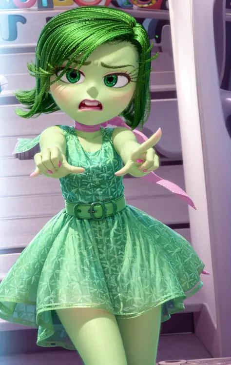 masterpiece, best quality, 1girl, (Disgust_InsideOut, green hair, green skin, pink scarf, dark green dress, eyelashes, (scared, pointing)), pixar, cartoon, 3d render, sfw, <lora:Disguss_InsideOutv1:0.9>