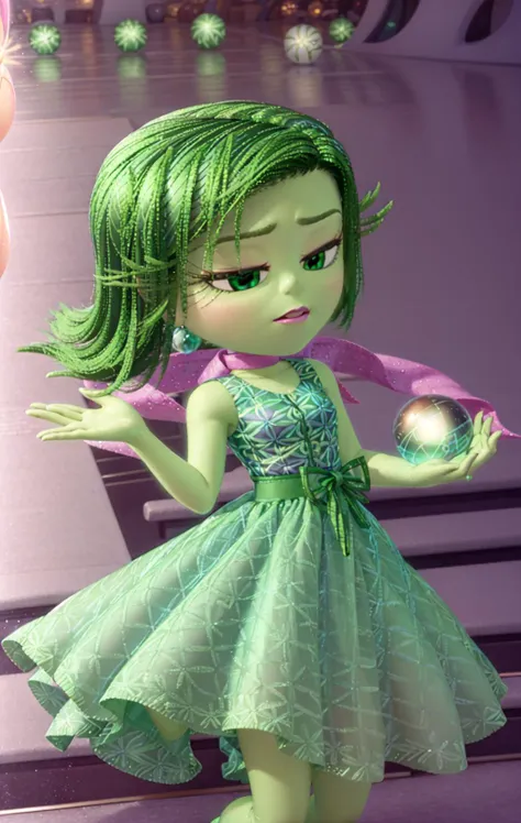 masterpiece, best quality, 1girl, (Disgust_InsideOut, green hair, green skin, pink scarf, dark green dress, eyelashes, (disgust, )), pixar, cartoon, 3d render, sfw,