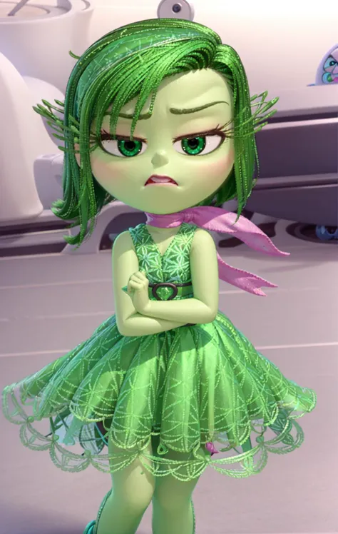 masterpiece, best quality, 1girl, (Disgust_InsideOut, green hair, green skin, pink scarf, dark green dress, eyelashes, (disgust, )), pixar, cartoon, 3d render, sfw, <lora:Disguss_InsideOutv1:0.9>