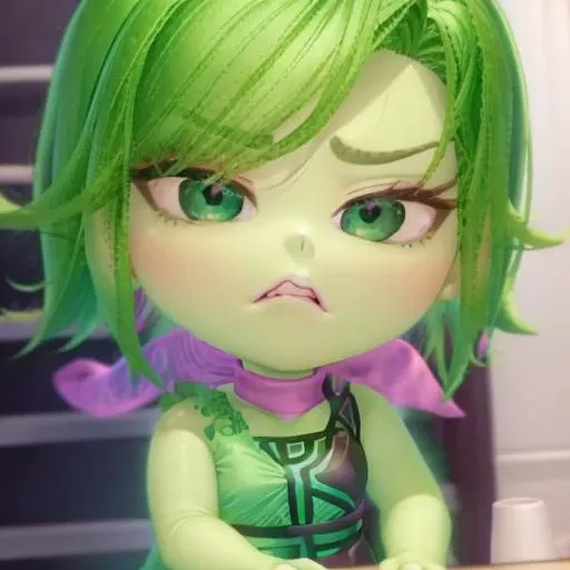 <lora:Disguss_InsideOutv1:0.8> Disgust_InsideOut, green hair, green skin, pink scarf, dark green dress,