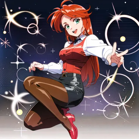 masterpiece, best quality, (1girl, solo),
suchiepai, 1girl, solo, skirt, pantyhose, long hair, green eyes, pencil skirt, orange hair, belt, long sleeves, watch, full body, hand on hip, miniskirt, retro artstyle, vest, open mouth, red hair, kneeling, shoes, red footwear, wristwatch, smile
<lora:Suchiepai:0.65>
((( city, cowboy shot, dynamic pose, skirt lift, jumping)))